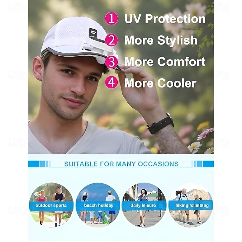 Solar Fan Hat Baseball Cap with Solar Fan, Summer UV Protection Wide Brim Sun Hat Mesh Beach Hats, Solar Powered/USB Charging2