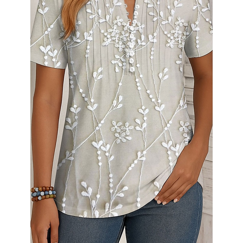 Women's T Shirt Floral Graphic Vintage Stylish Classic Short Sleeve Round Neck Regular Tops Daily Weekend Beach Wear Smocked Buttons Print Blue off-white Summer Spring3