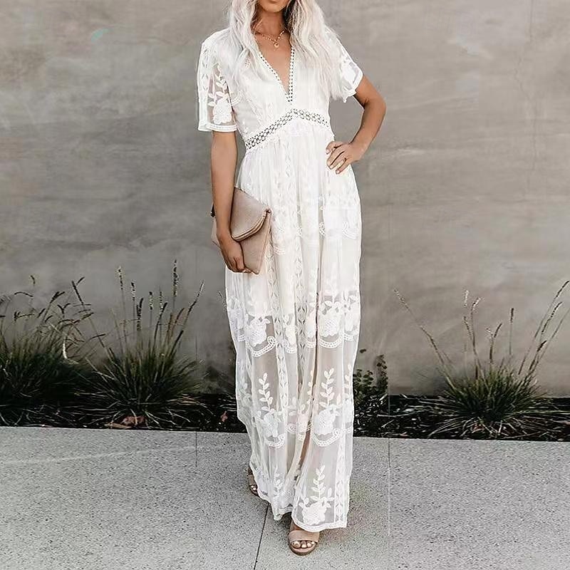 Women's Long Dress Maxi Dress Lace Dress Casual Dress Summer Dress Fashion Modern Daily Beach Weekend Regular Fit Plain Short Sleeve V Neck White Summer3