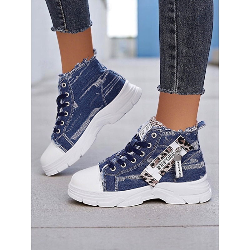 Women's Denim High Top Platform Sneakers with Leopard Detail – Casual Street Style Lace-Up Shoes for Teens & Young Adults