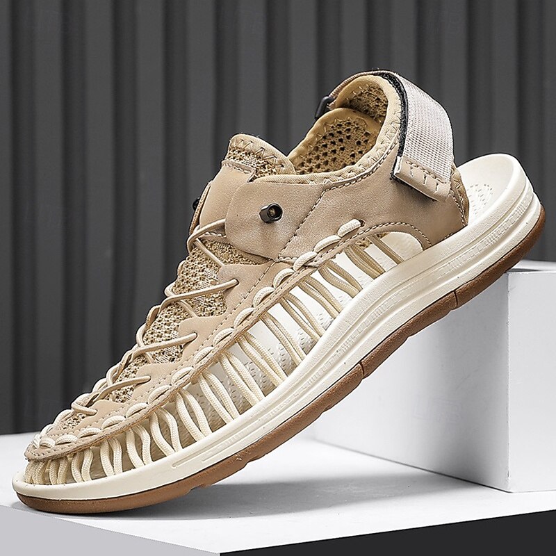 Men's Sneakers Beige and Tan Athletic Shoes with Knitted Upper and Flexible Sole for Outdoor Activities and Daily Use