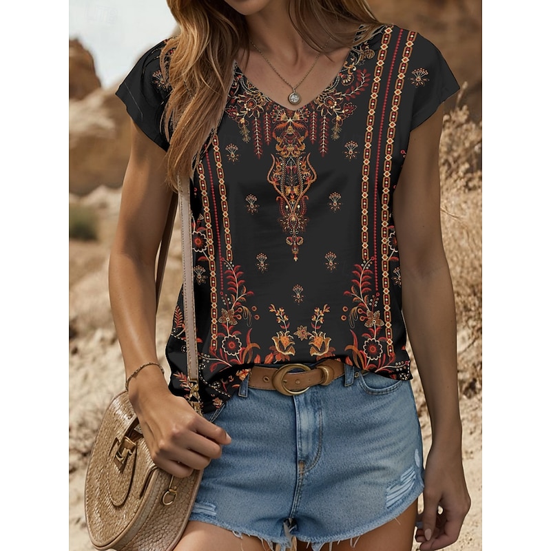 Women's Boho Camisole Tank Top Graphic Geometric Vintage Stylish Classic Sleeveless Short Sleeve V Neck Regular Tops Daily Print Yellow Red Blue Purple Green Summer Spring