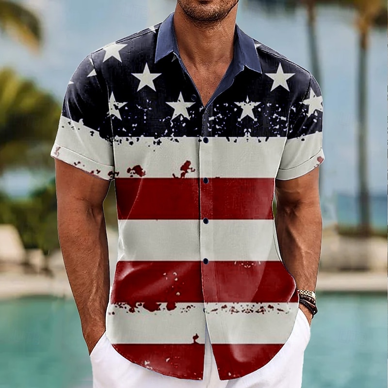 Independence Day Men's American US Flag Patriotic Fourth of July Shirt Summer Shirt Button Up Shirt Short Sleeve Fashion Casual Holiday Summer Spring Turndown 3D Print Collared Shirts Dark Blue Gray