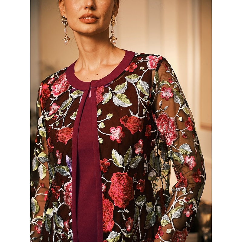 Women's Midi Dress A Line Dress Dress With Jacket Elegant Cocktail Semi Formal Formal Party Wedding Guest Regular Fit Floral Long Sleeve Crew Neck Burgundy Spring Fall Winter3