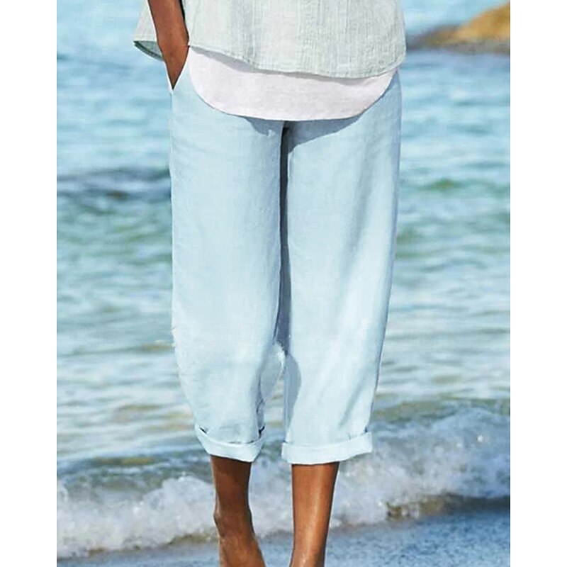 Women's Cotton Linen Pants Slacks Streetwear Casual Ankle-Length Natural Plain Pocket Elastic Waist Comfy Outdoor Street Going out White Yellow Pink Blue Summer Regular Fit2