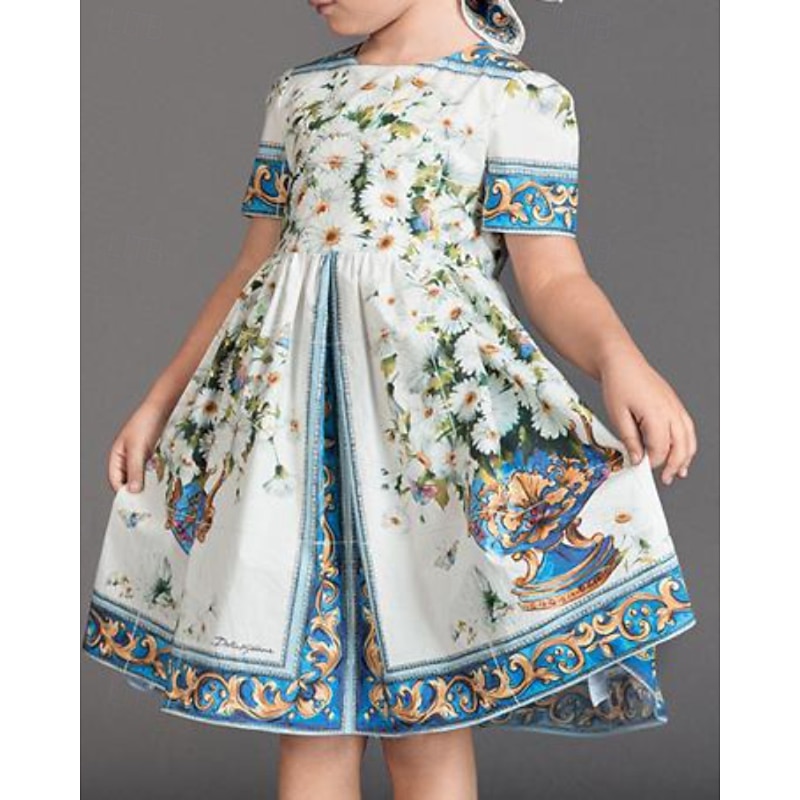 Kids Girls' Dress Flower Short Sleeve Outdoor Ruched Adorable Basic Cotton Knee-length Casual Dress Floral Dress Summer 4 years+ White