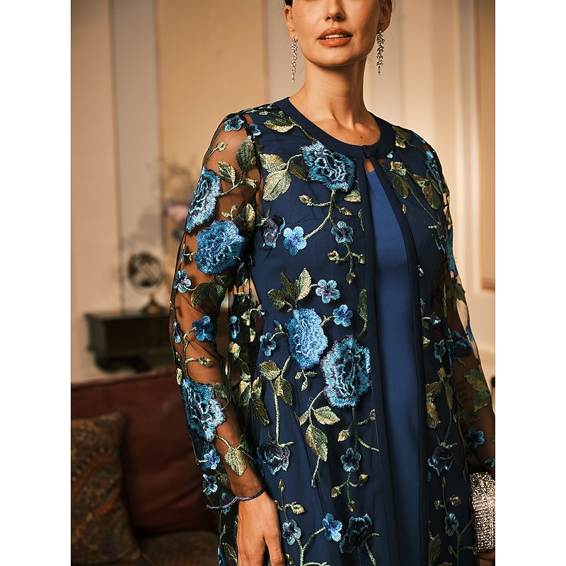 Women's Midi Dress Sheath Dress Dress With Jacket Elegant Cocktail Semi Formal Formal Party Wedding Guest Regular Fit Floral Long Sleeve Crew Neck Blue Spring Fall Winter2