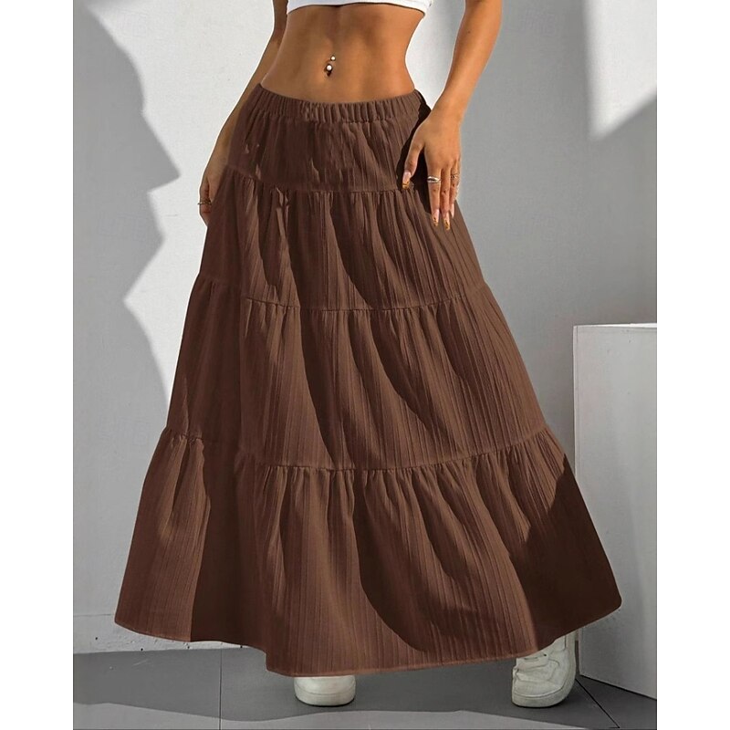 Women's Skirt Swing Fashion Maxi Mid Rise Skirts Plain Ruched Drawstring Micro-elastic Vacation Going out Black White Red Brown Summer Polyester3