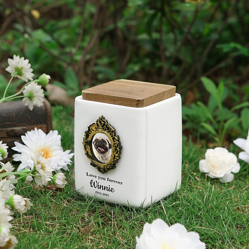 Personalized Memorial Pet Urn with Photo Name Text , Custom Ceramic Ashes Keepsake Box for Dog Cat, Pet Memorial Gift for Loss of Pet, Eternal Remembrance