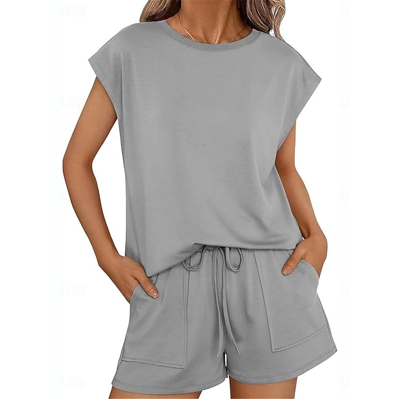 Women's 2 Pieces Fashion Streetwear Daily Shorts Sets Short Sleeve Round Neck Solid Color Drawstring Casual Daily Black Fuchsia Khaki Summer Regular Fit