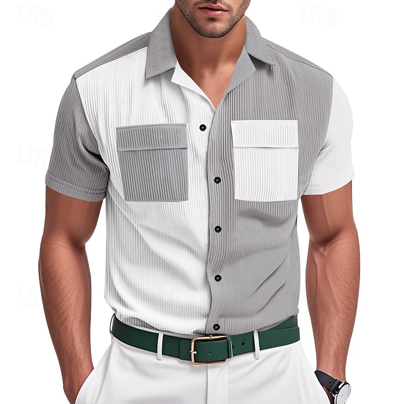 Men's Shirt Summer Shirt Casual Shirt Corduroy Shirt Button Up Shirt Cargo Shirt Black Blue Green khaki Gray Short Sleeve Color Block Cuban Collar Casual Daily Front Pocket Clothing Apparel Fashion