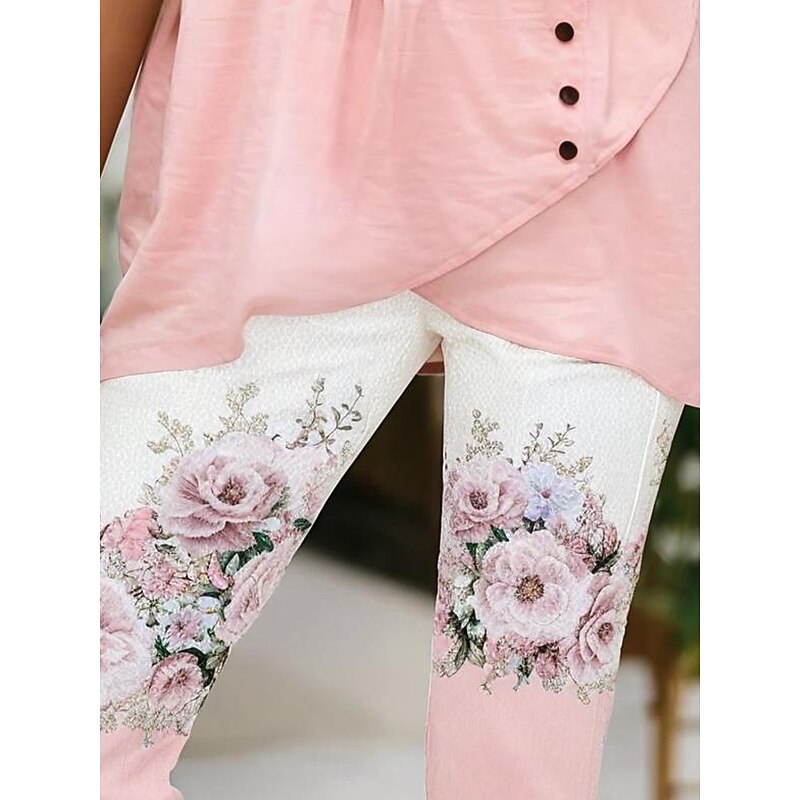 Women's Leggings Vacation Vintage Fashion Calf-Length High Waist Floral Graphic Printing Breathable Soft Stretchy Outdoor Vacation Causal Light Pink White-Blue Light Purple Summer Spring Slim Fit2