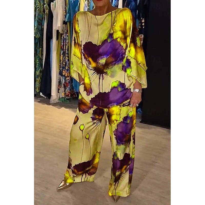 Women EU / US Size2 Pieces SetsFashion Stylish Tracksuit Bolero Top 3/4 Length Sleeve Round Neck Floral Print Daily Wear Black Yellow Pink All Seasons Loose Fit