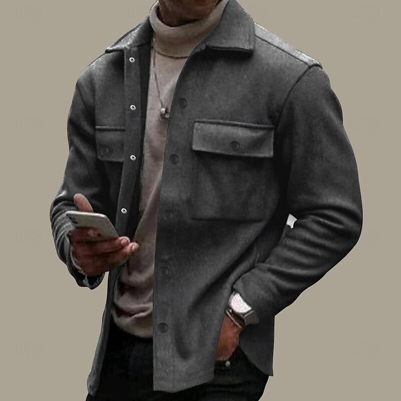 Men's Shirt Jacket Transition Jacket Daily Lightweight Pocket Spring Plain Streetwear Lapel Regular Black Light Grey Dark Gray Jacket