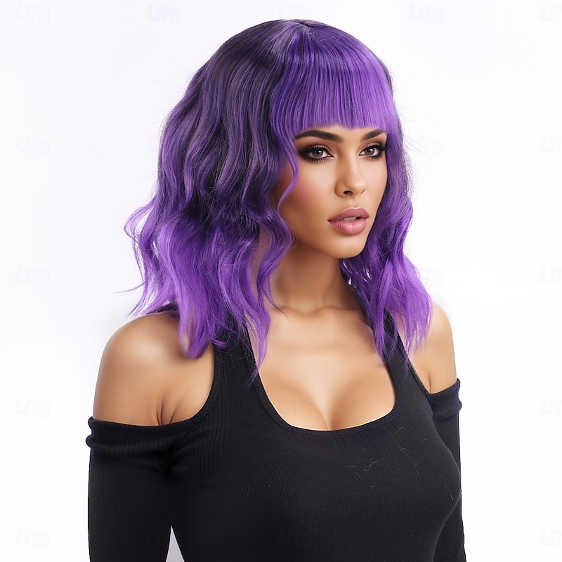 Synthetic Wig Wavy Water Wave Asymmetrical Neat Bang Machine Made Wig 14 inch A1 Synthetic Hair Women's Anime Classic Comfortable Purple4
