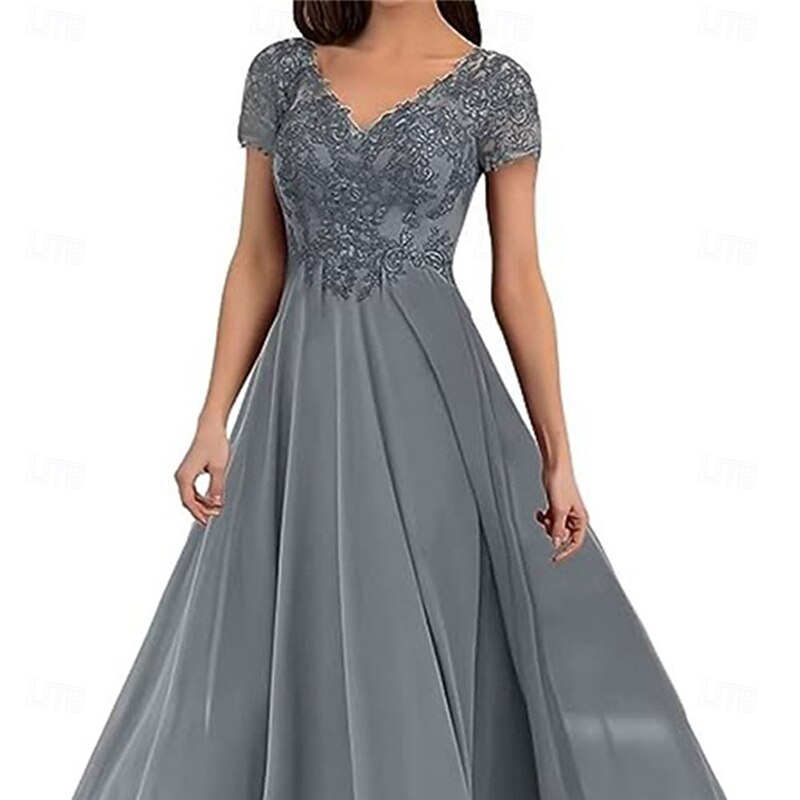 A-Line Mother of the Bride Dress Elegant V Neck Floor Length Polyester Short Sleeve with Solid Color3