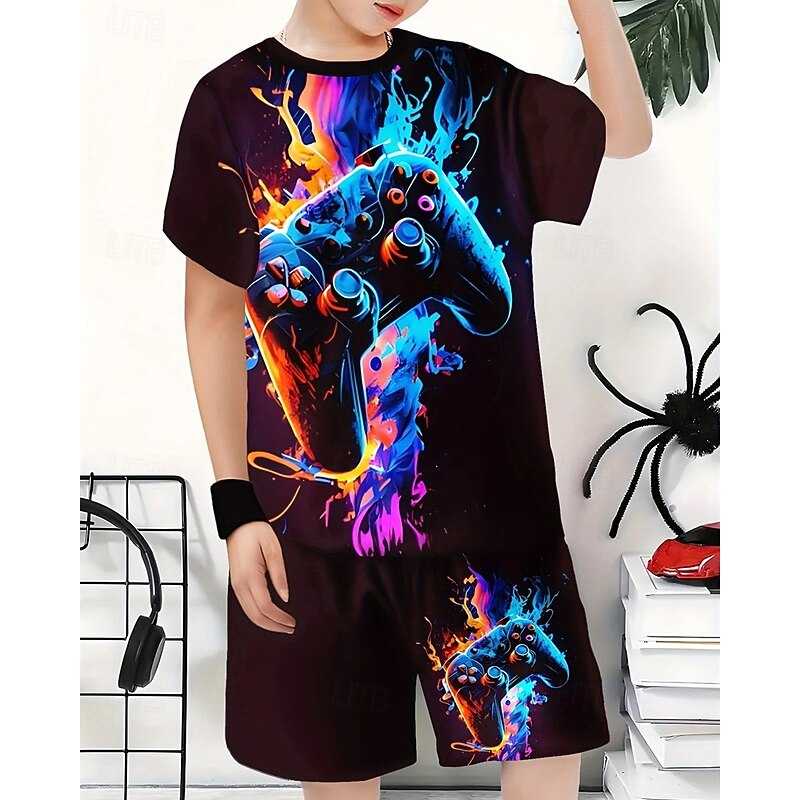 Boys 3D Game T-shirt & Shorts Set Short Sleeve Summer Spring Sports Fashion Daily Kids 4-12 Years Crew Neck Outdoor Vacation Sports Tailored Fit