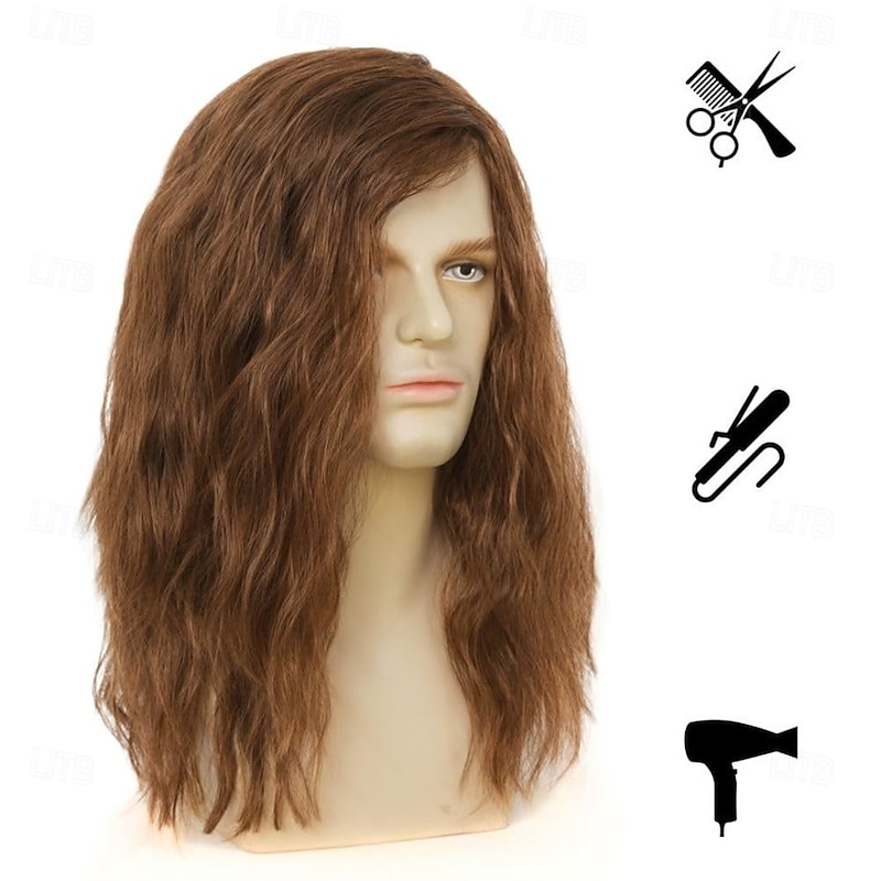 Mens Long Brown Curly Wig 70s 80s Side Part Synthetic Wigs Fluffy Daily Cosplay Custome Hair Wig Halloween Wigs3