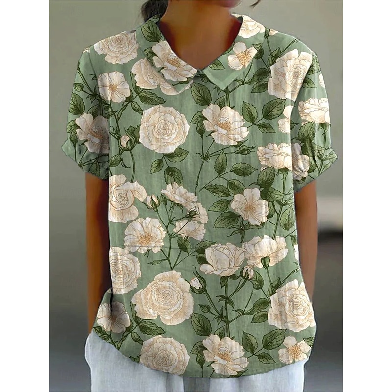 Women's Blouse Floral Graphic Abstract Vintage Tropical Stylish Short Sleeve Shirt Collar Regular Tops Work Daily Print Blush Pink Black Light Green Red Light Blue Summer Spring3