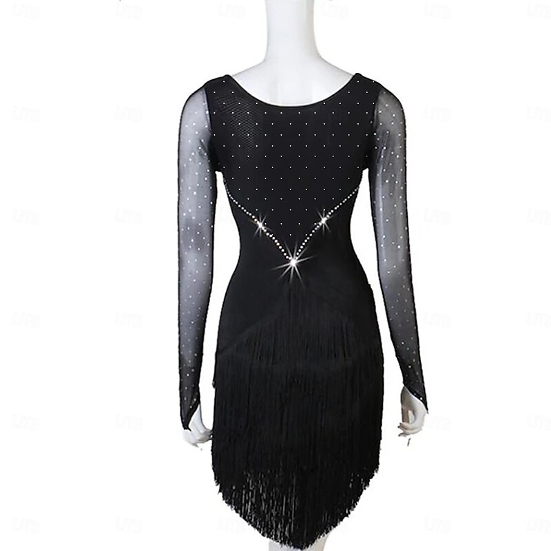 Latin Dance Dress Tassel Pure Color Crystals / Rhinestones Women's Performance Party Long Sleeve Mesh Spandex2