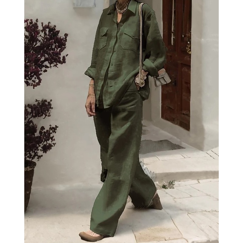 Women's Fashion Streetwear Pants Sets Long Sleeve Shirt Collar Plain Daily Wear Date White Pink Army Green Summer Regular Fit3