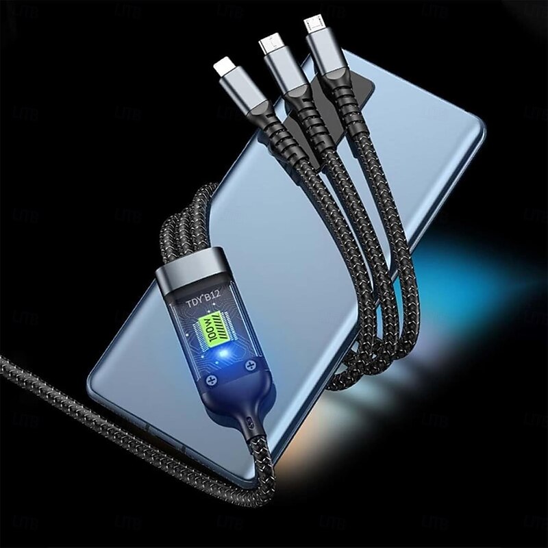 2m Transparent Luminous 3-in-1 Super Fast Charging Cable with LED Display, USB C to Lightning/USB A/Micro Adapter, 4-in-1 Multi Charging Cable for All Phone3