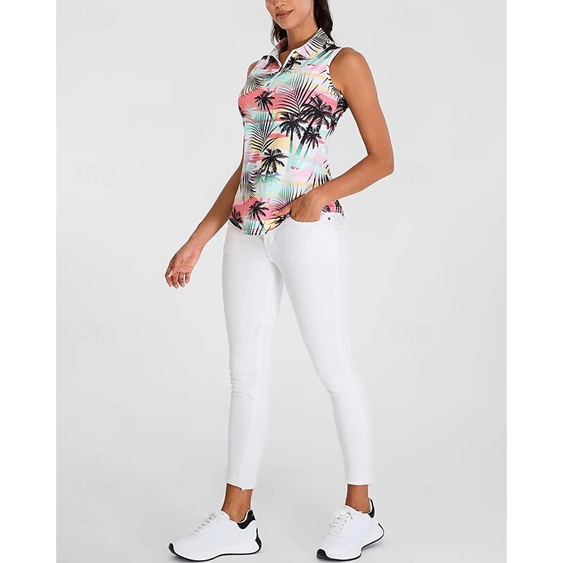 Women's Tropical Tennis Shirt Sleeveless Print UPF50+ Quick Dry Tennis Golf Outdoor Exercise Zip Collar Tee Tshirt Top Pink Tennis Clothing3