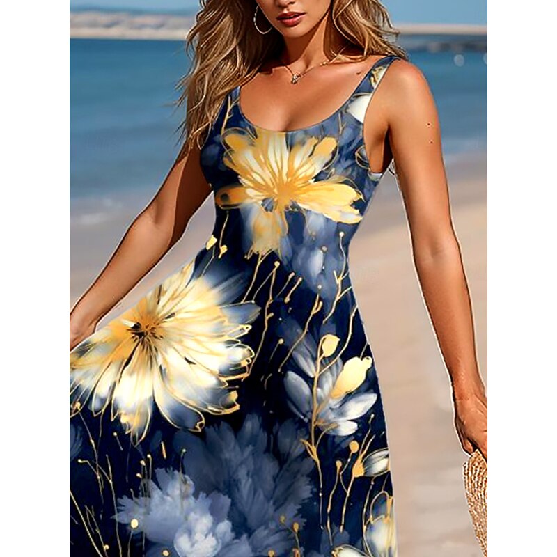 Women's Maxi Dress A Line Dress Off The Shoulder Dress Vacation Casual Beach Party Regular Fit Floral Graphic Sleeveless Square Neck Scoop Neck Ink Blue Summer Spring2