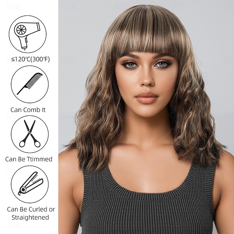 Synthetic Wig Water Wave Curly Weave Asymmetrical Neat Bang Machine Made Wig 12 inch A1 Synthetic Hair Women's Soft Party Classic Blonde3