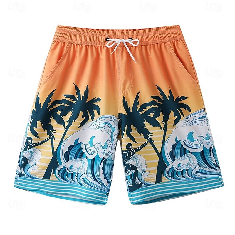 Men's Shorts Beach Shorts Drawstring Pocket Elastic Waist Graphic Leaf Tree Quick Dry Outdoor Knee Length Outdoor Vacation Home Vacation Ethnic Style Lake blue Dark Blue / Red Micro-elastic2