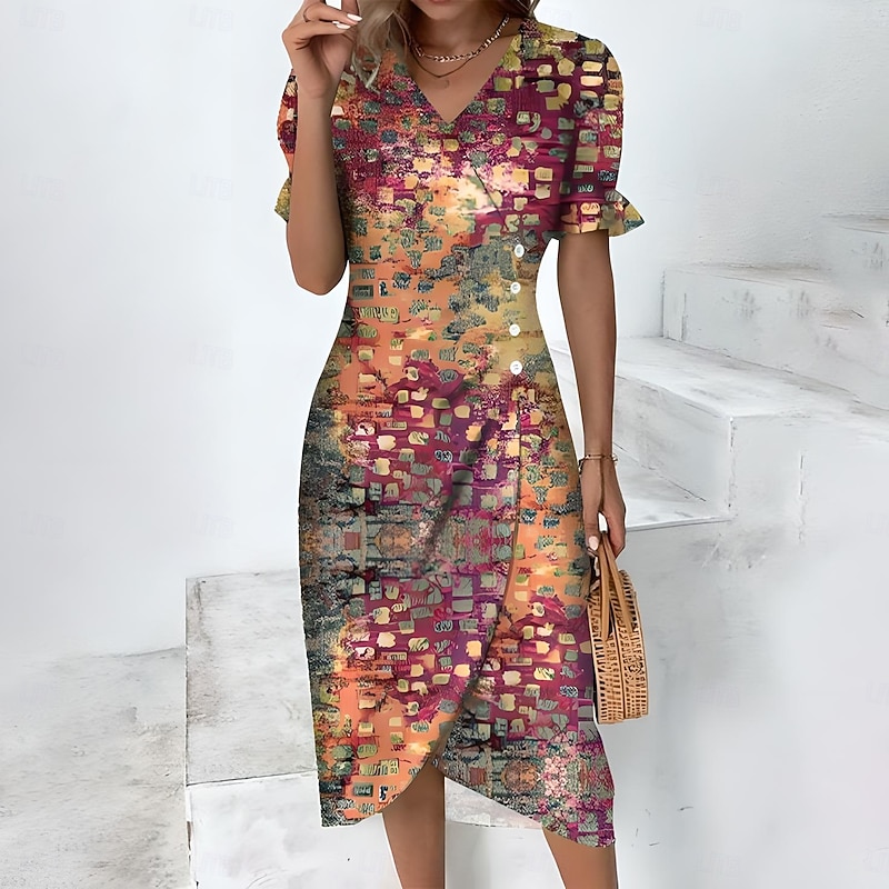 Women's Midi Dress Wrap Dress Elegant Lightweight Puff Sleeve Short Sleeve V Neck Going out Regular Fit Floral Graphic Rusty Red Blue Purple Green3