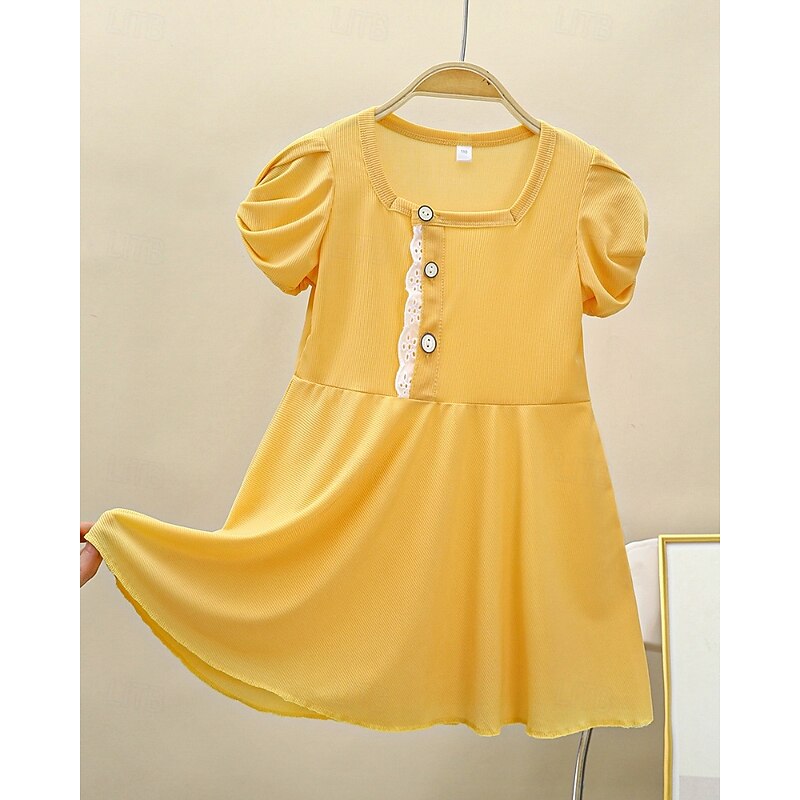 Kids Girls' Dress Solid Color Short Sleeve Outdoor Ruched Buttons Cute Adorable Polyester Knee-length Casual Dress Summer 4 years+ Yellow Pink Purple