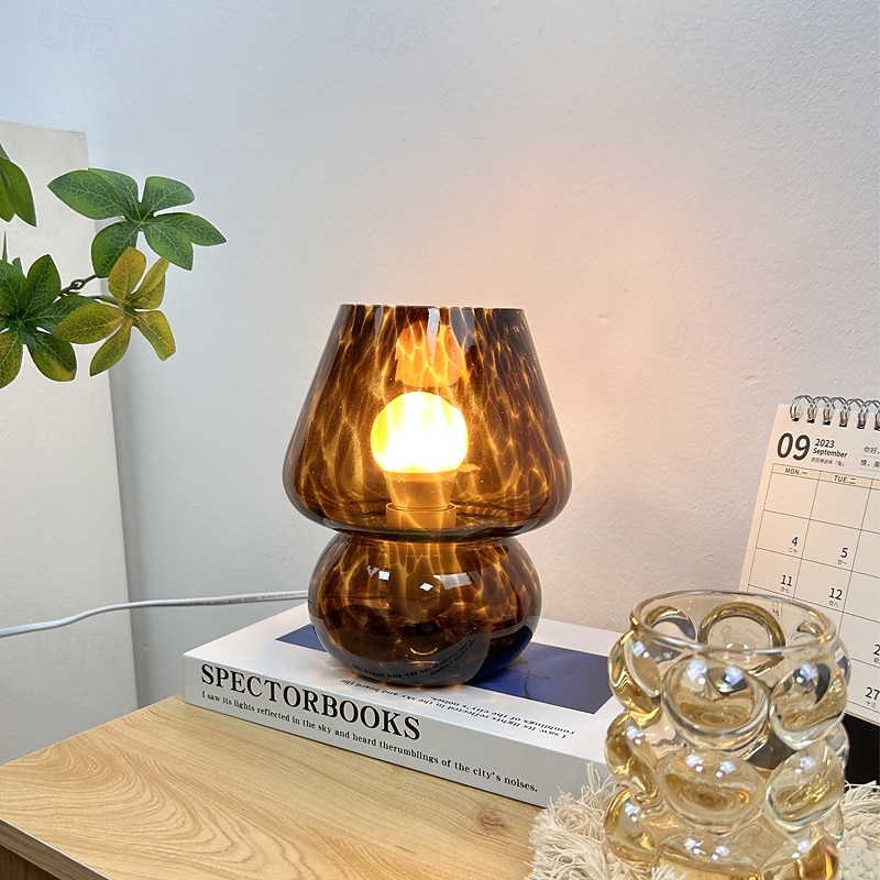 Mushroom Lamp Vintage Table Lamp Glass Bedside Lamp with Cable Dimmable Table Lamp with 3 Colour Light Bulb Retro Desk Lamp Mushroom Night Light LED Mini Lamp for Office Bars Living Room Bedroom