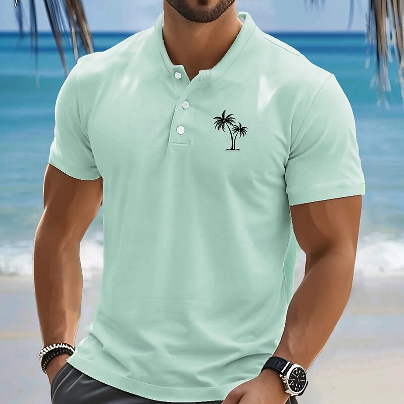 Men's Palm Tree T Shirt Henley Shirt Short Sleeve Designer Retro Vintage Casual Street Casual Daily Summer Spring Light Pink Light Green Light Blue Henley Henley T-Shirt3