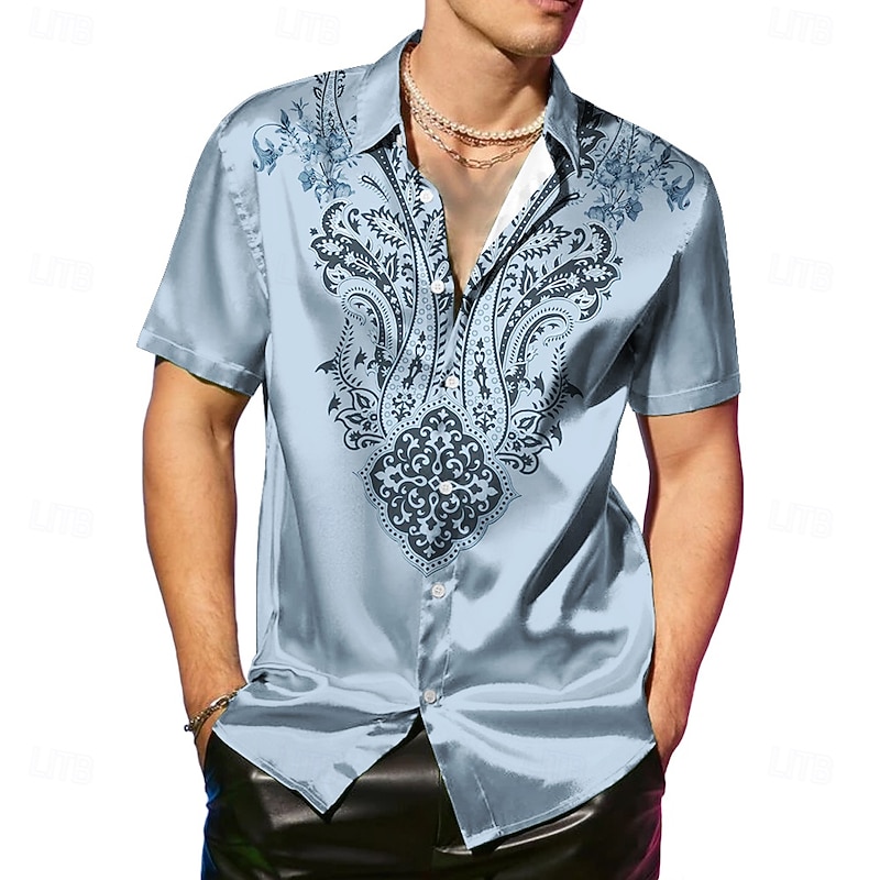 Men's Paisley Ethnic Flowers Satin Shirt Dress Shirt Button Up Shirt Short Sleeve Vintage Retro Vacation Party Evening Wear Daily Summer Spring Turndown Collared Shirts Button Up 3D Print Blue Green