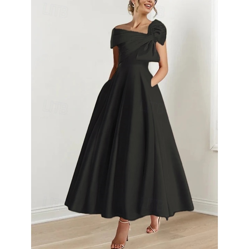 A-Line Cocktail Dresses Elegant Dress Formal Wedding Guest Ankle Length Short Sleeve One ShoulderDress Satin with Bow(s)2