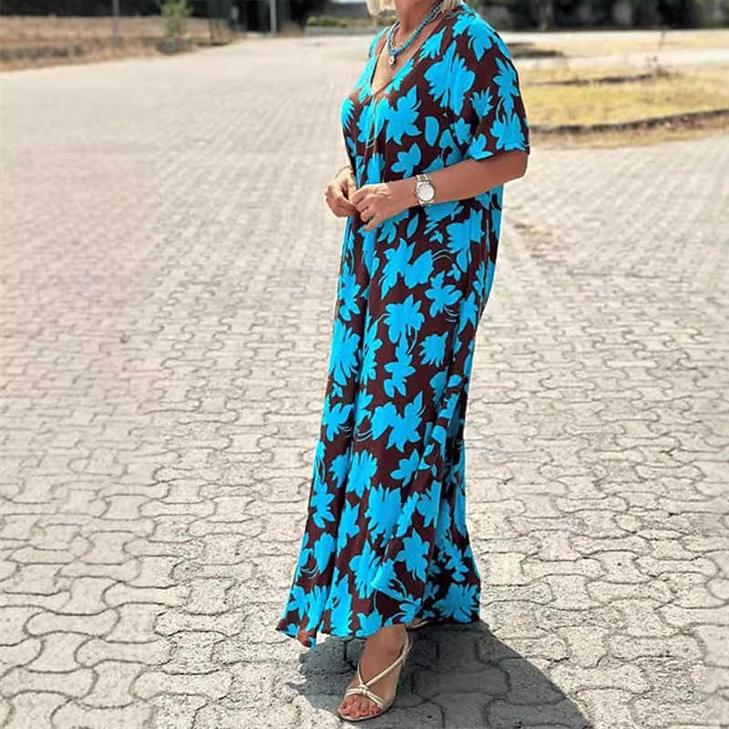 Women's Long Dress Maxi Dress Casual Dress Swing Dress Fashion Outdoor Party Holiday Regular Fit Flower Short Sleeve V Neck Black Blue Summer4