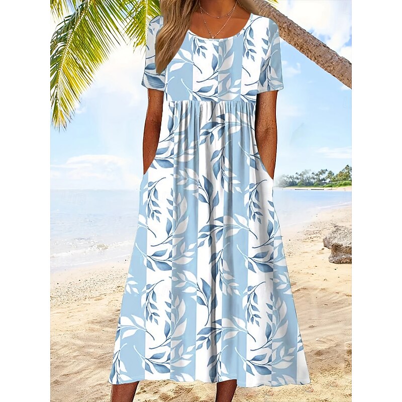 Women's Midi Dress T Shirt Dress Tee Dress A Line Dress Summer Dress Bohemia Vacation Vintage Regular Fit Floral Graphic Short Sleeve Crew Neck Light Blue Summer Spring