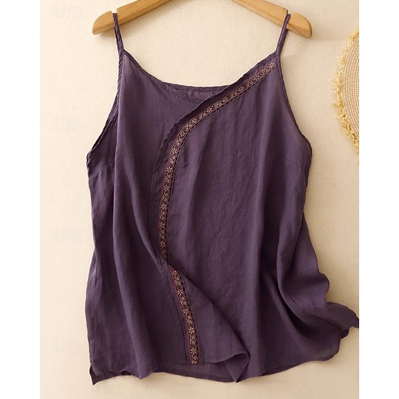 Women's Cotton Linen Vest Blouse Flower Stylish Modern Sleeveless Strap Regular Tops Holiday Going out Embroidered Purple Summer