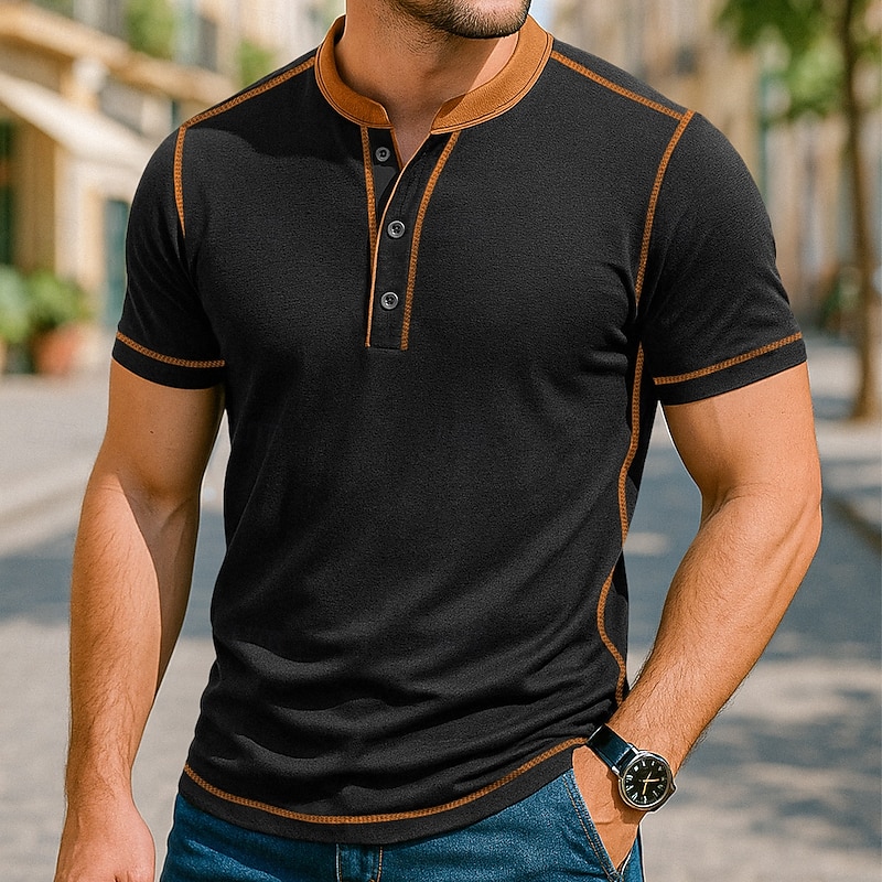 Men's Henley Shirt Tee Top Short Sleeves Patchwork Solid Fashion Designer Basic Color Matching Decorative Lines Henley Vacation Street Casual Summer All Seasons Black Navy Blue Gray Henley T-Shirt3