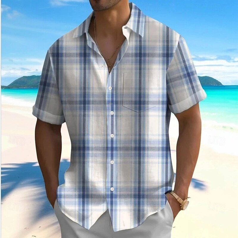 Men's Geometric Plaid / Check Shirt Summer Shirt Button Up Shirt Short Sleeve Fashion Casual Outdoor Vacation Dailywear Summer Spring Turndown 3D Print Collared Shirts Front One Pocket Blue