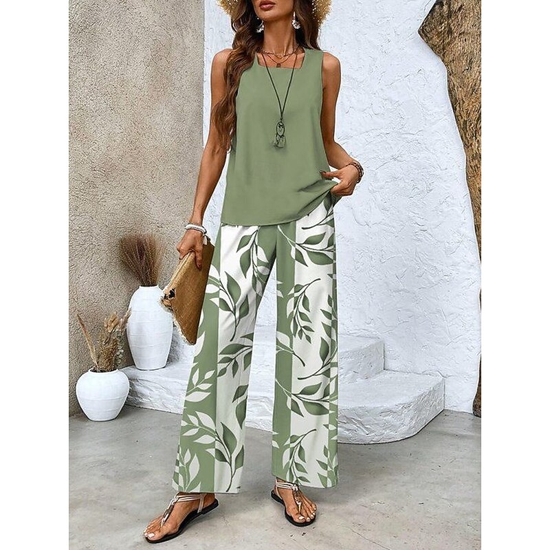 Women Daily Pants Sets Sleeveless Square Neck Plant Print Casual Purple Green Khaki Summer Loose Fit2