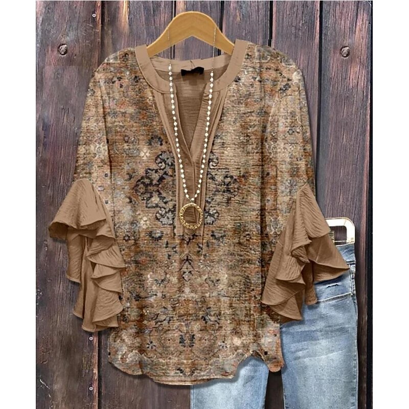 Women's Blouse V Neck Floral Graphic Paisley Bohemia Vintage Daily 3/4 Length Sleeve Regular Tops Daily Holiday Vacation Wear Print Pink Purple Khaki Beige Summer Spring Fall3