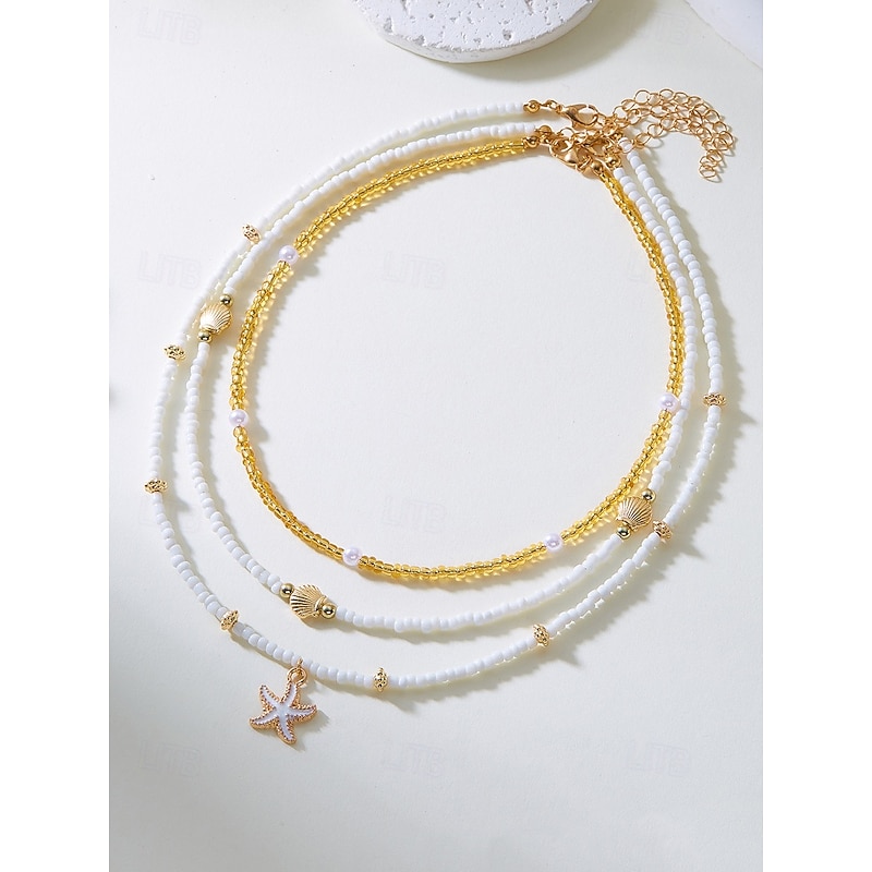 Women's beach style layered necklace bracelet anklet set with starfish and shell charms, Gold and white beaded design, Suitable for summer vacation, Casual and bohemian style4