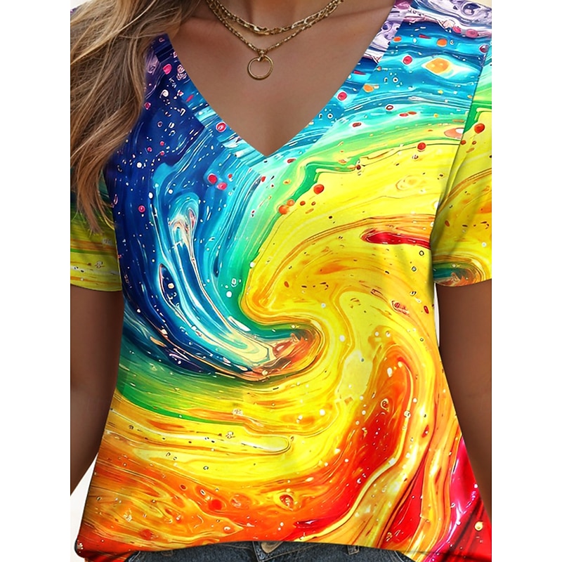 LGBT Pride Parade Pride Raindow Women's T Shirt Graphic Geometric Vintage Stylish Classic Short Sleeve V Neck Regular Tops Daily Weekend Print Yellow Orange Summer Spring3