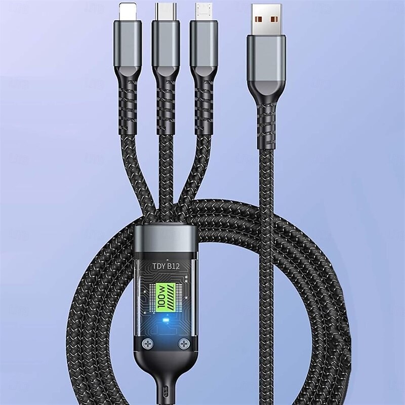 2m Transparent Luminous 3-in-1 Super Fast Charging Cable with LED Display, USB C to Lightning/USB A/Micro Adapter, 4-in-1 Multi Charging Cable for All Phone2