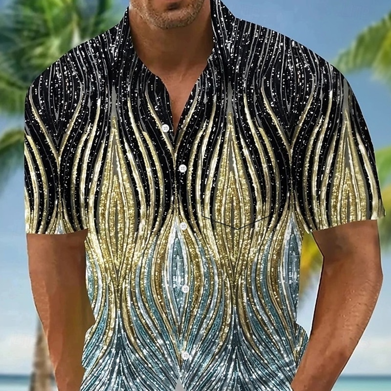 Men's Geometric Lines / Waves Sparkling Glitter Shirt Summer Shirt Button Up Shirt Short Sleeve Fashion Casual Outdoor Vacation Summer Spring Turndown 3D Print Collared Shirts Front One Pocket Black2