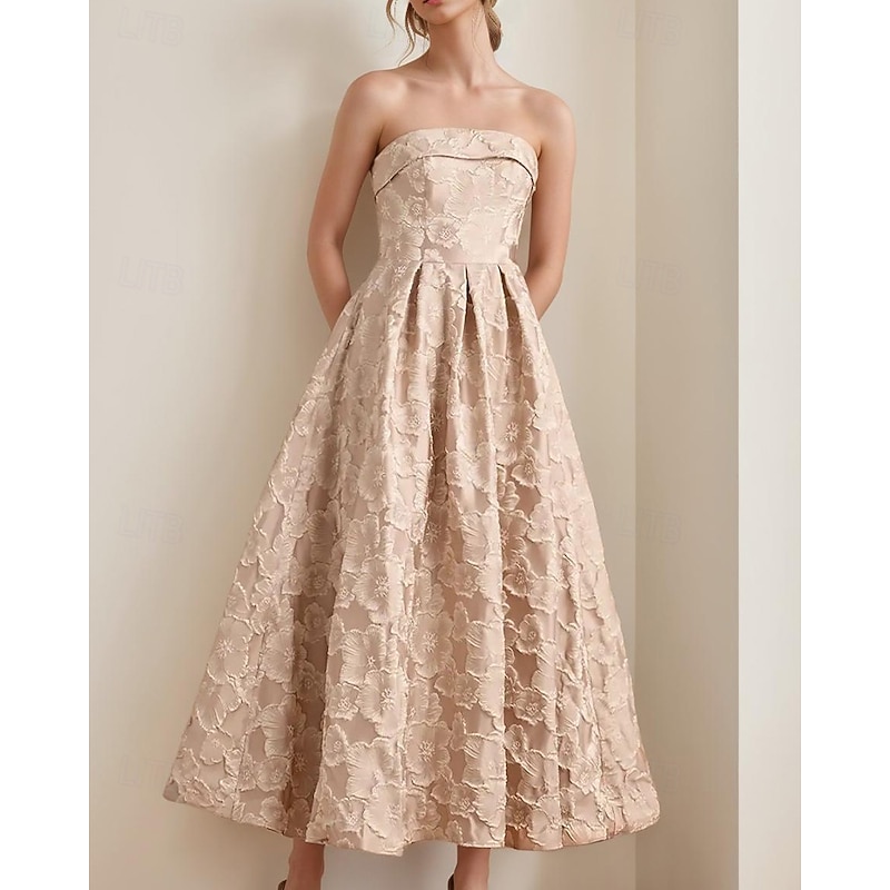 Floral Jacquard A-Line Cocktail Dresses Elegant Dress Formal Engagement Tea Length Midi Length Sleeveless Strapless with Pleats