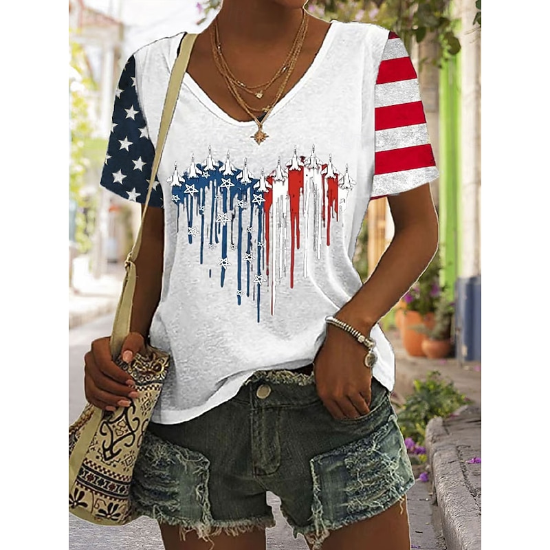 Women's Patriotic  T Shirt Graphic American Flag Vintage Stylish Classic Short Sleeve V Neck Regular Tops Daily Weekend Print Black White Red Blue Summer4