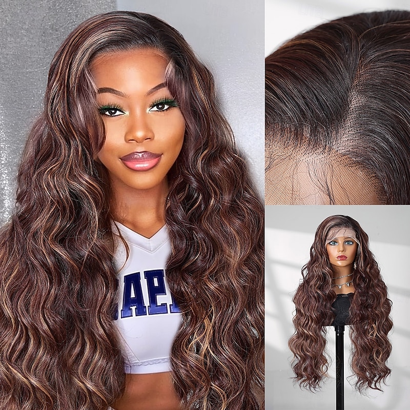 Synthetic Lace Wig Body Wave Style 30 inch Brown / Blonde Middle Part 13x4 Lace Front Wig Women's Wig Dark Brown
